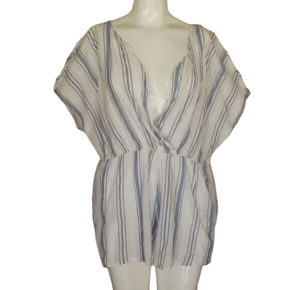 OUT FROM UNDER Swim Cover/Romper, L, White/Blue Stripes, Elastic Waist, Pockets - Picture 6 of 15
